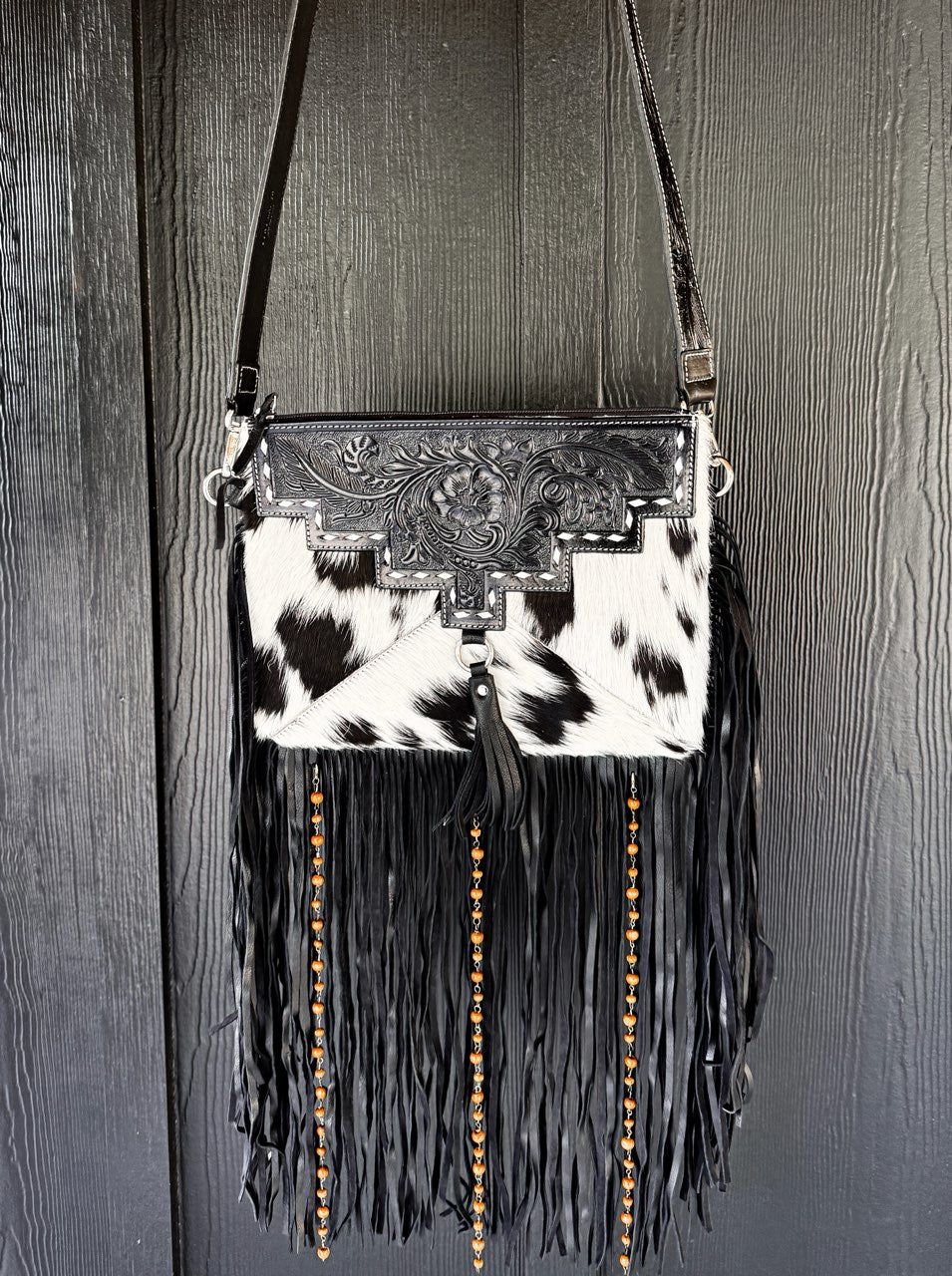 Genuine Cowhide + Tooled Leather Crossbody Purse
