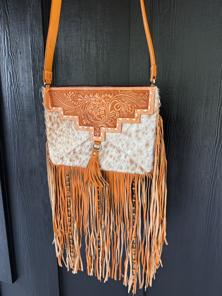 Genuine Cowhide + Tooled Leather Crossbody Purse