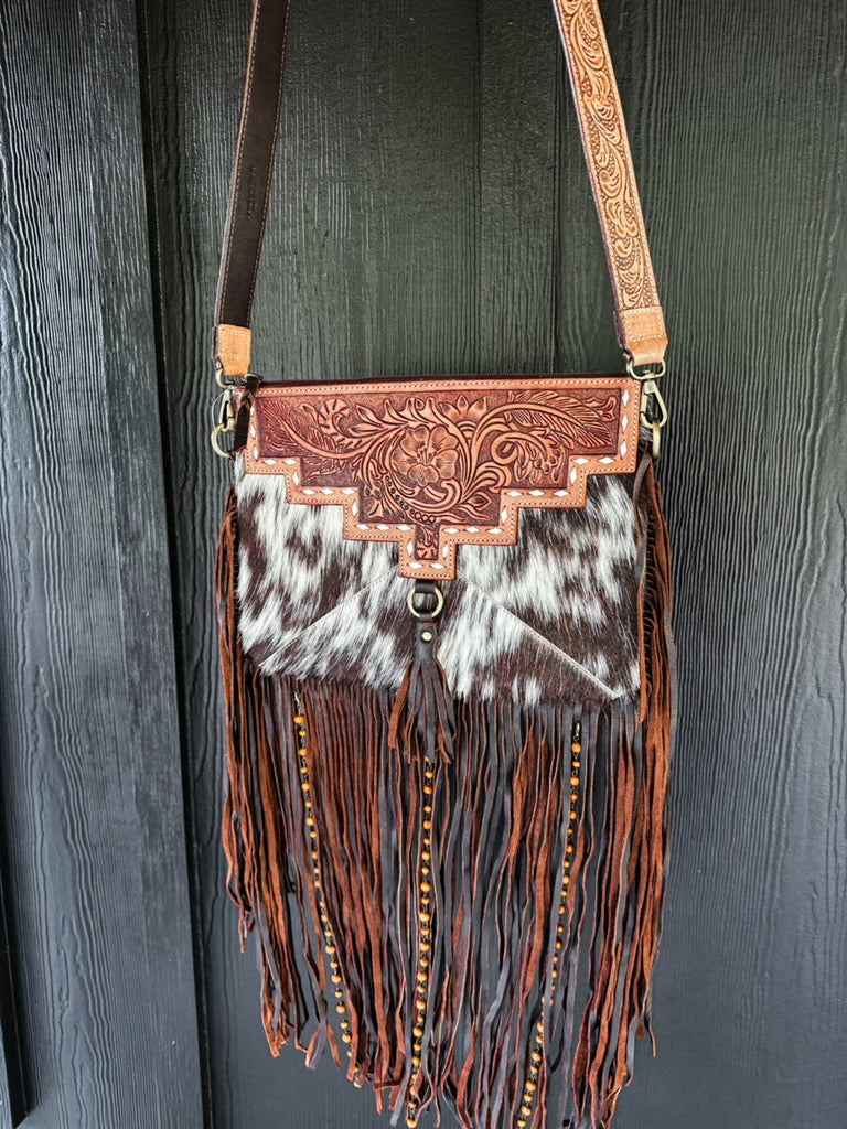 Genuine Cowhide + Tooled Leather Crossbody Purse